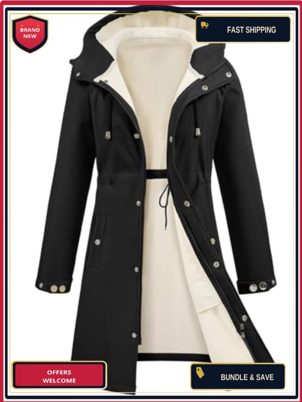 Women's Softshell Long Raincoat Waterproof Fleece Lined Windbreaker Hooded